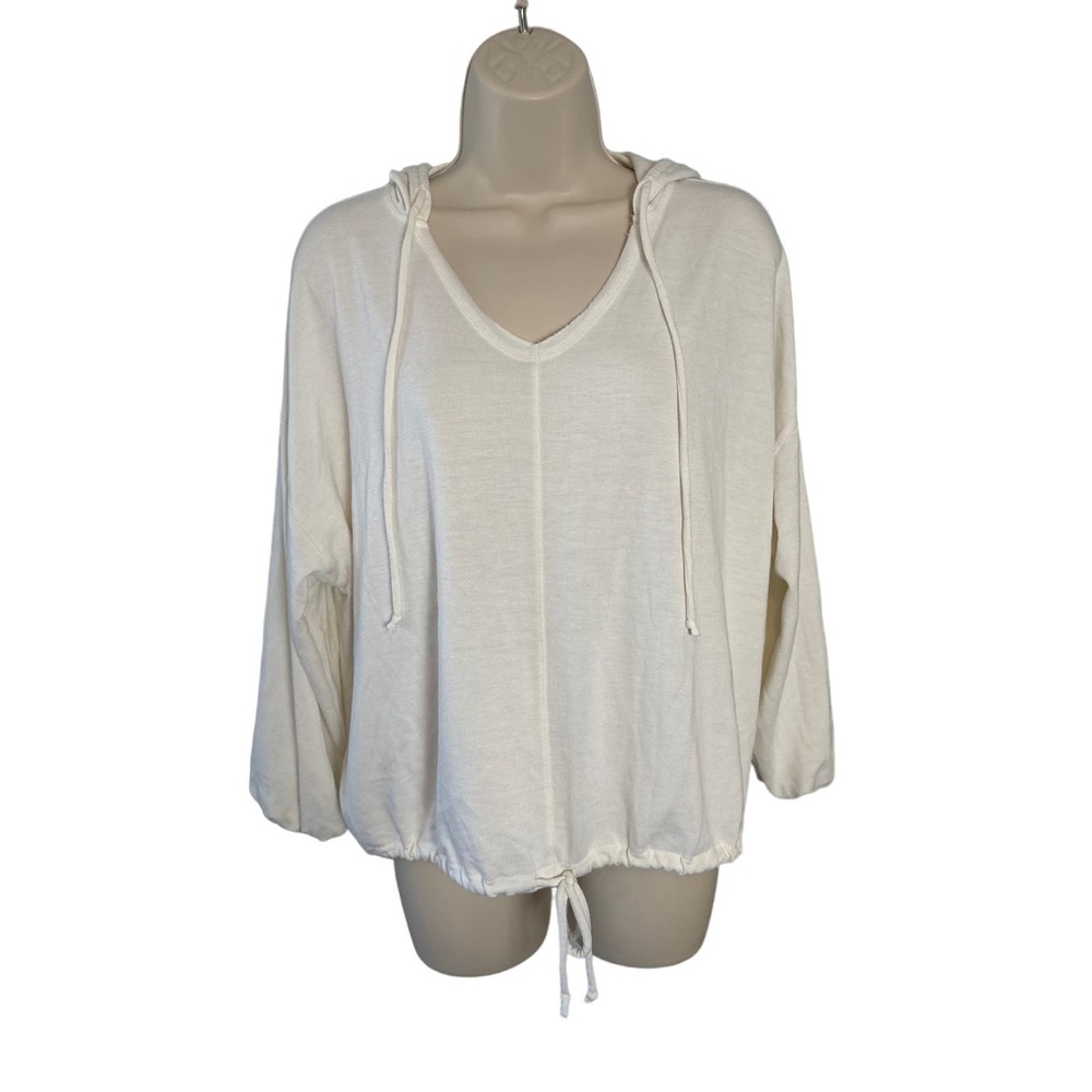 Aerie Womens XS Cream V-Neck Hoodie Drawstring Tie Waist Oversized‎ Sweatshirt